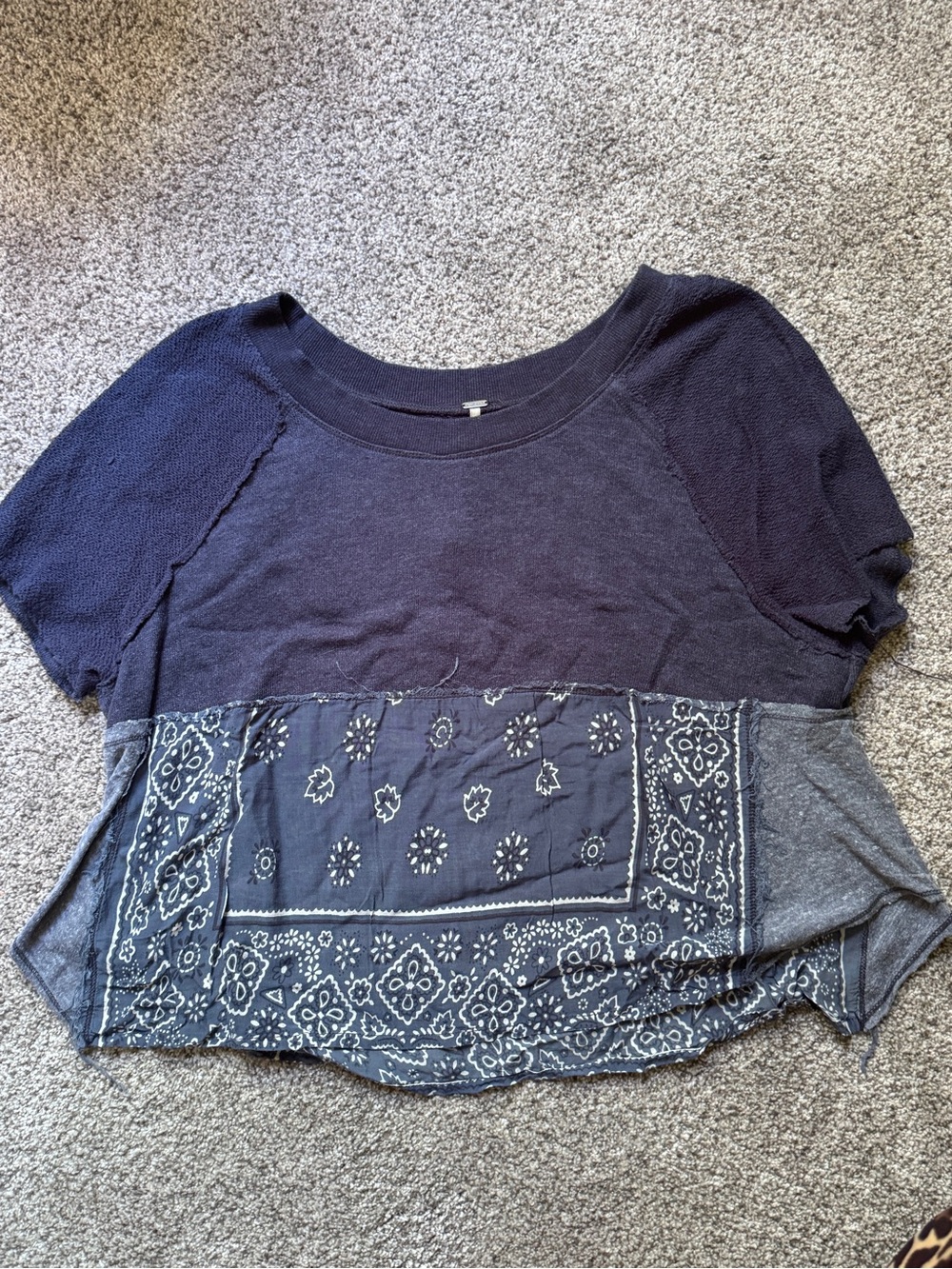 Free People Navy Mixed-Media Bandana Hem Top